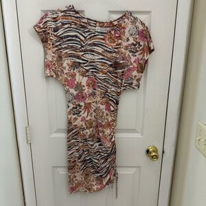 Anthropologie Daily Practice Ruched Mini Dress Size XS Floral Animal Print Boho